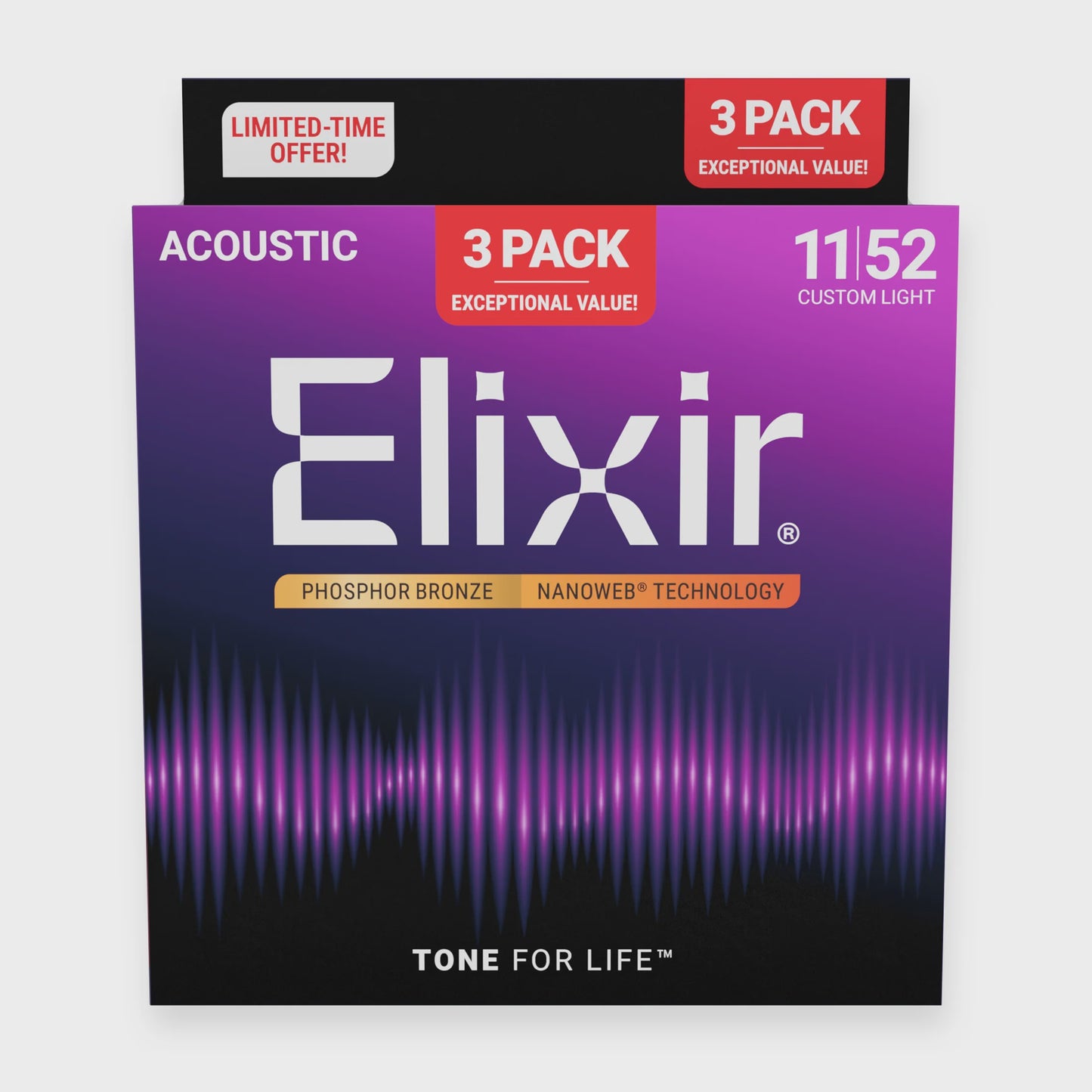 Elixir 3 Pack Nanoweb Phosphor Bronze Custom Light 11-52
