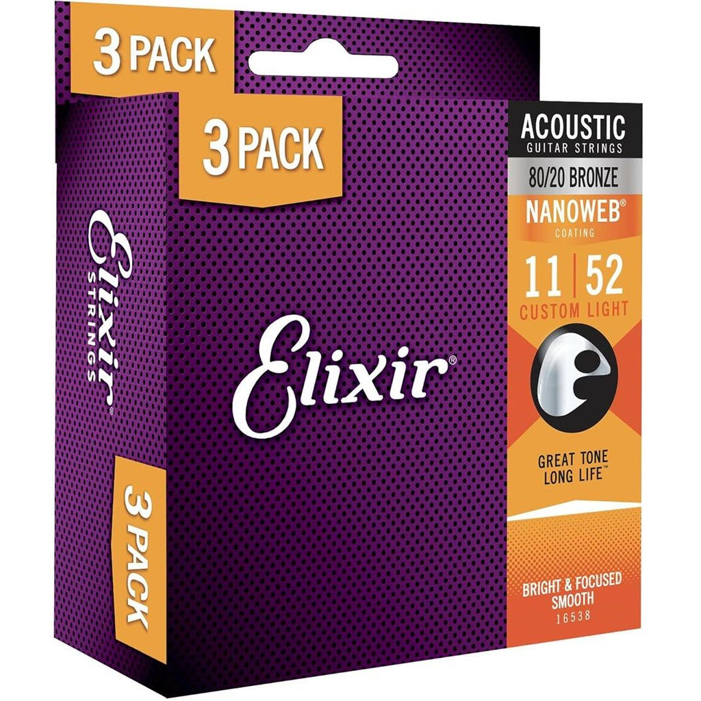 Elixir 80/20 Bronze Nanoweb 16538 11-52 Triple Pack - Acoustic Guitar Strings available at Foulds Guitars Derby