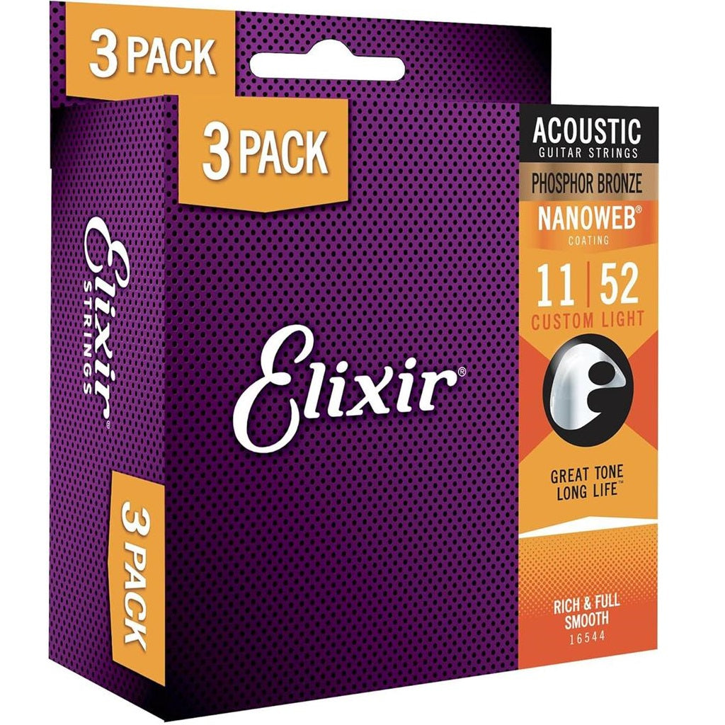 Elixir Phosphor Bronze Nanoweb 16544 11-52 Triple Pack - Acoustic Guitar Strings available at Foulds Guitars Derby