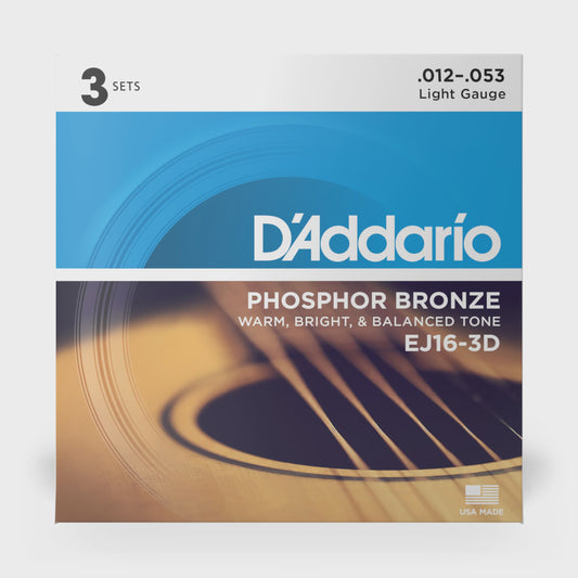 D'Addario EJ16 Phosphor Bronze 12-53 3PK - Acoustic Guitar Strings available at Foulds Guitars Derby