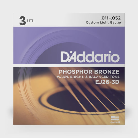 D'Addario EJ26 Phosphor Bronze 11-52  3PK - Acoustic Guitar Strings available at Foulds Guitars Derby