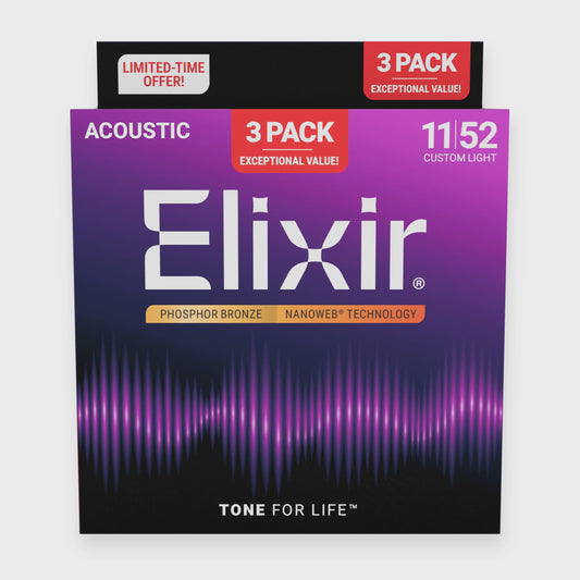 Elixir 3 Pack Nanoweb Phosphor Bronze Custom Light 11-52