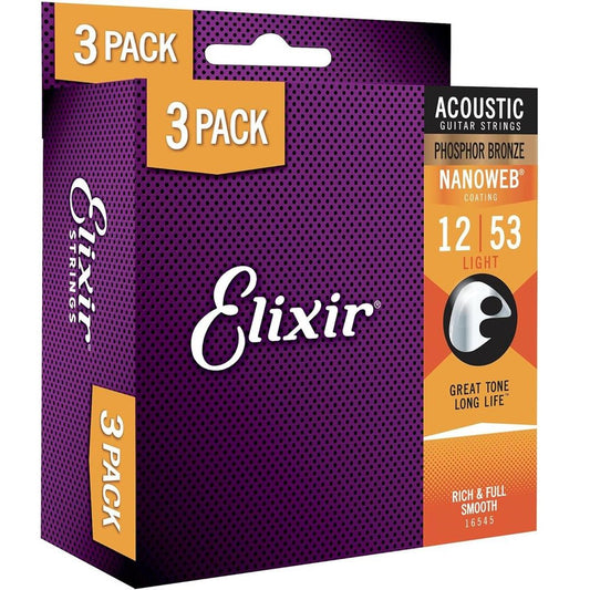 Elixir Phosphor Bronze Nanoweb 16545 12-53 Triple Pack